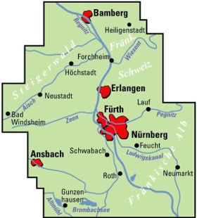 Radkarte Nürnberg mit Erlangen Fürth Bamberg Ansbach Altmühlsee Forchheim  im Shop bei fahrradtouren.de