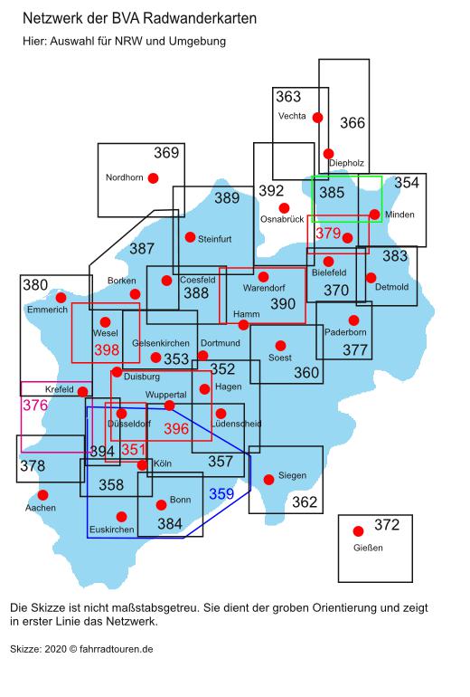 Blattschnitte Netzwerk der BVA Radwanderkarten NRW 2020