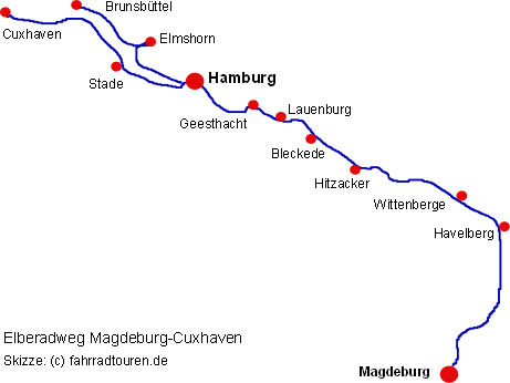 Skizze Routenverlauf Elberadweg Magdeburg Cuxhaven bei fahrradtouren.de
